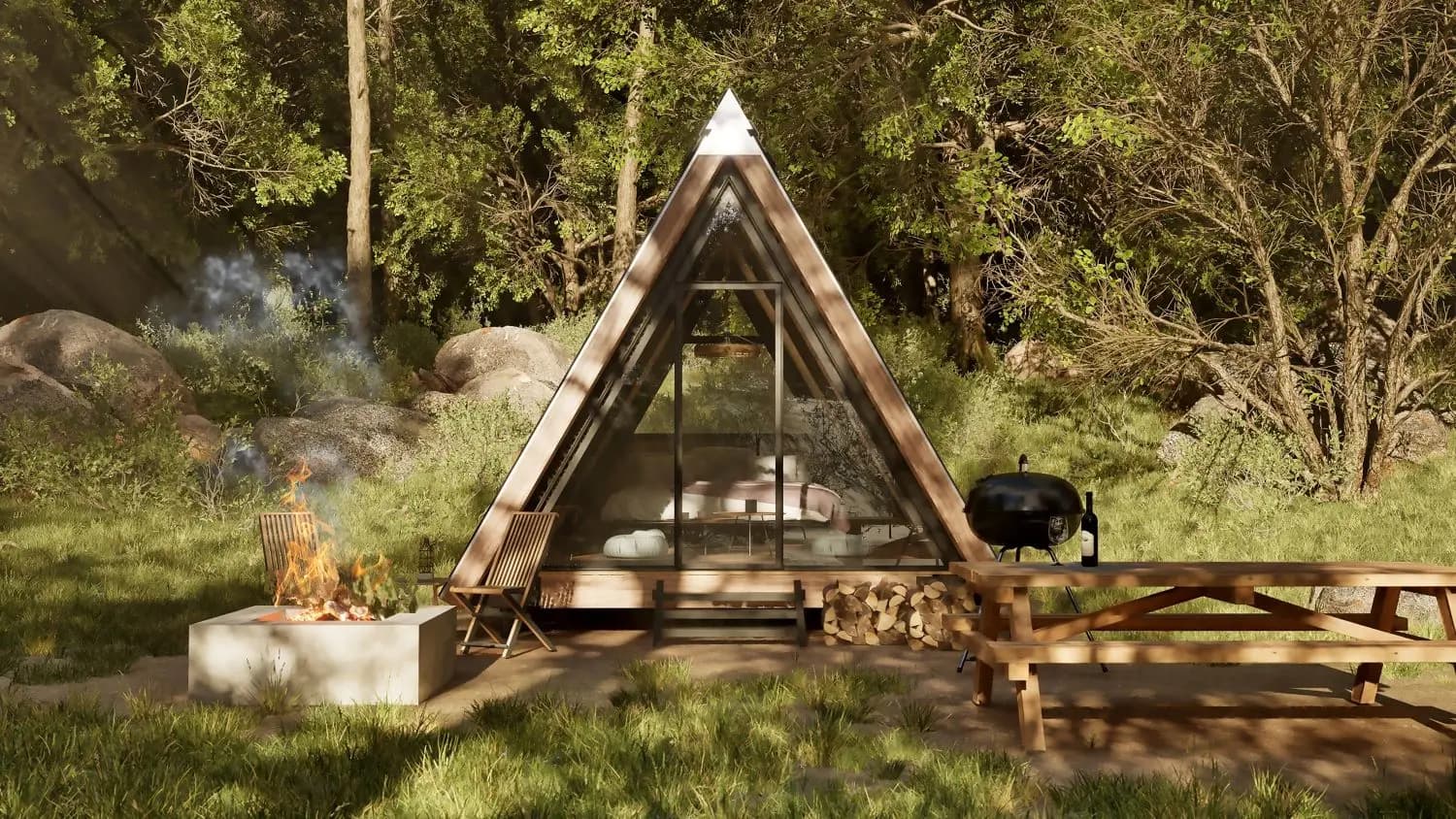 A-frame cabin at Pine Creek Retreat with a fire pit